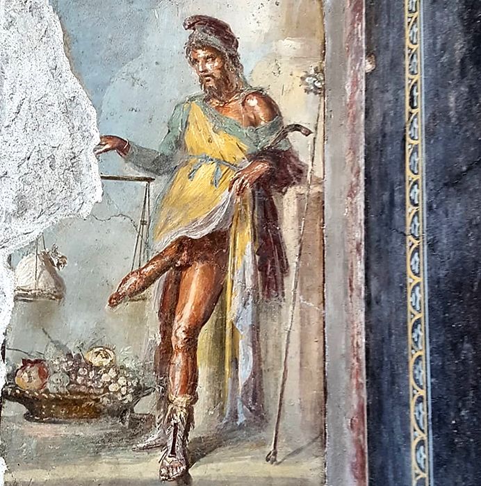 Priapus am Eingang des Hauses der Vettier in Pompeji; er wurde von den Römern als „übelabwehrender“, Fruchtbarkeitsgott verehrt